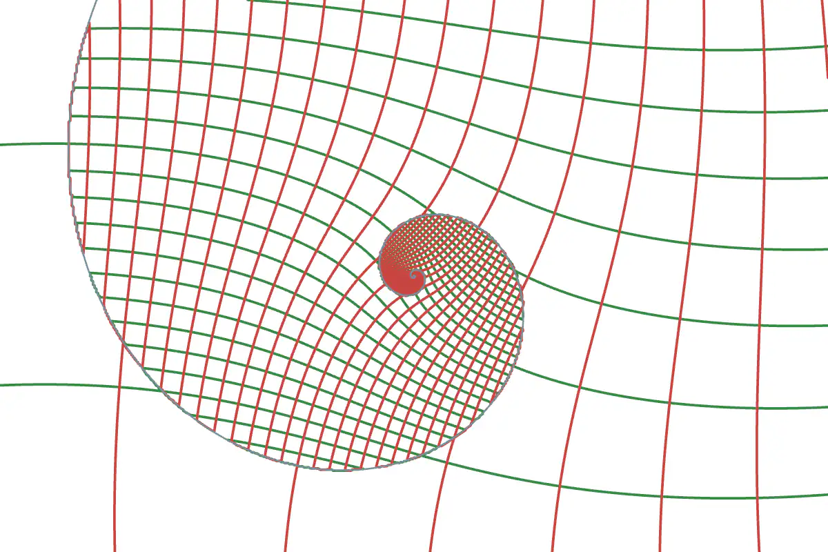Green and red grid lines bent into a spiral; a disc near the centre holds a smaller copy of the grid, which holds a smaller one again, and a thin grey spiral marks where each copy ends