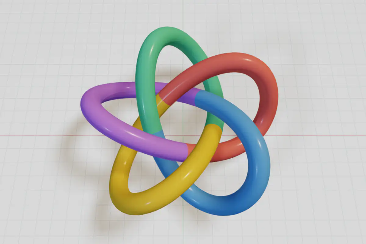 Tube autour d'un nœud torique à cinq lobes, en cinq segments colorés, vu de dessus