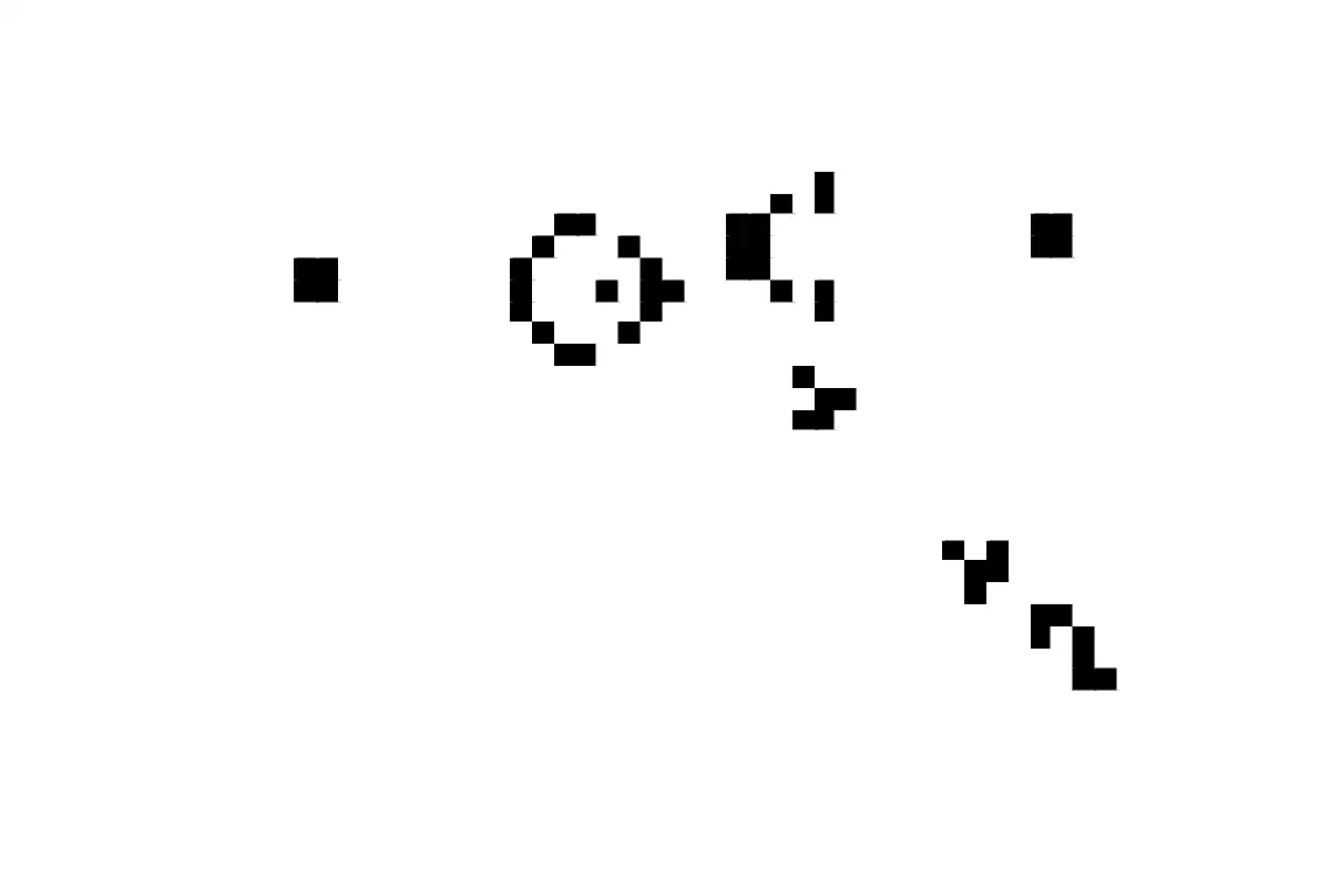 Black square cells on white showing a Gosper glider gun, the diagonal stream of gliders it has emitted, and the eater that absorbs them