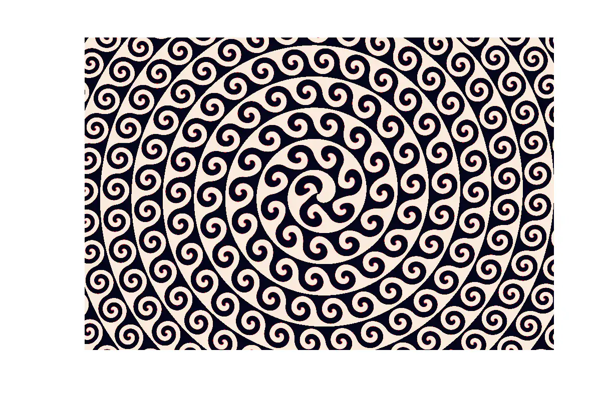 Une mosaïque de vagues sombres enroulées sur fond crème, disposées en anneaux qui s'éloignent du centre en spirale