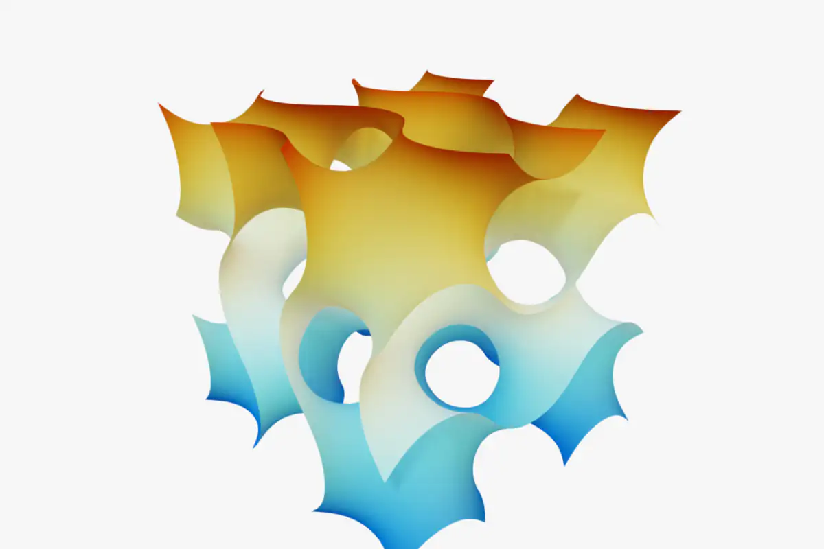 A smooth surface shaded from orange at the top to blue at the bottom, full of round openings like a sponge, cut to a cube
