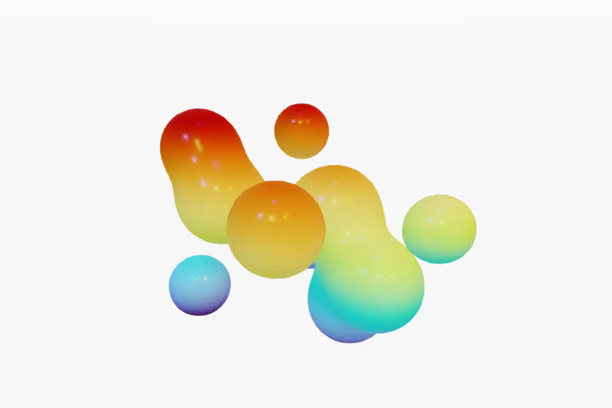 Ten shiny blobs in rainbow colors from blue at the bottom to red at the top, several of them merged into rounded chains