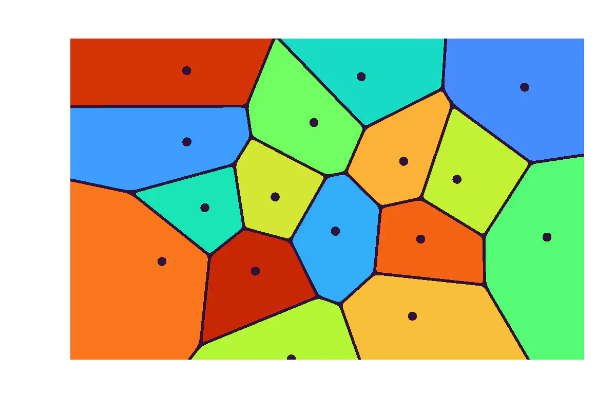 A mosaic of sixteen polygonal cells in blue, green, yellow, orange and red, separated by thin dark edges, each with a dark dot at its site